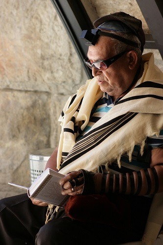 A man wearing a tallit on the shoulder and tefillin on his arms