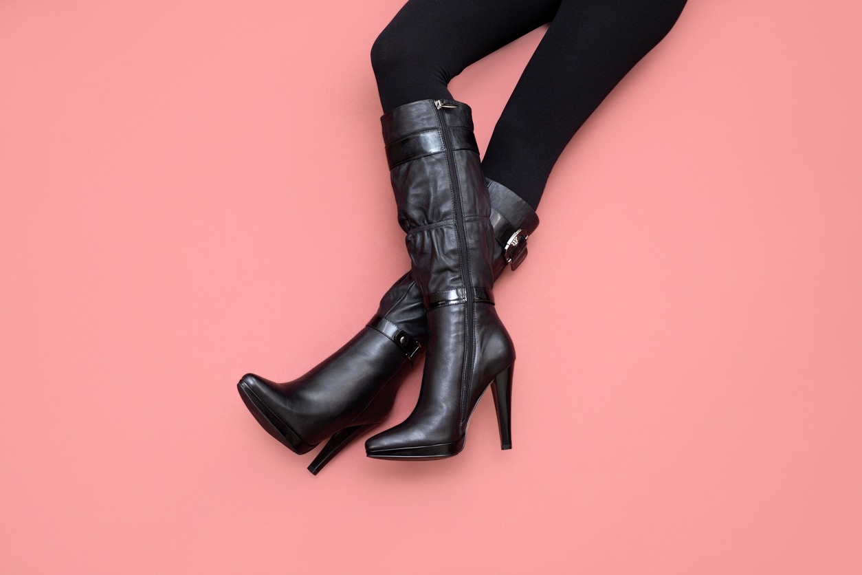 black leather boots, knee high stiletto boots