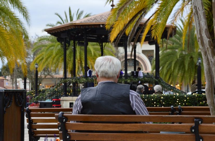 grey-haired man, a man sitting on a bench, plaza