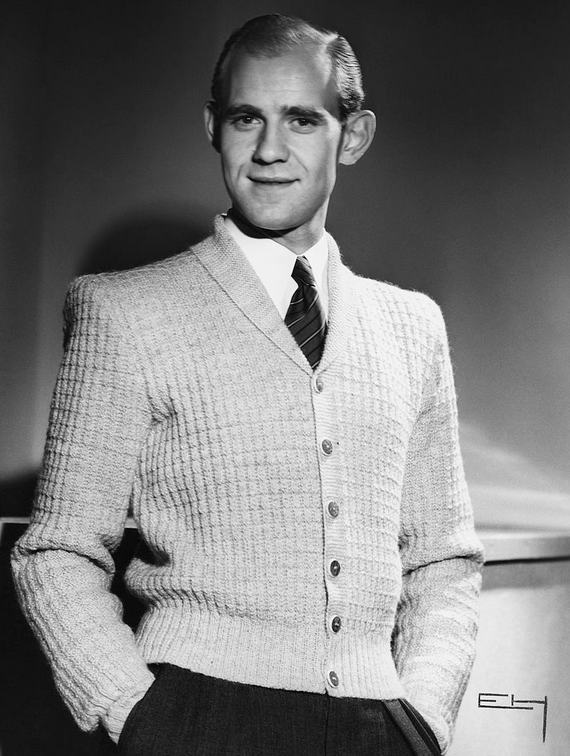 a man wearing a cardigan in fashion photo from 1947