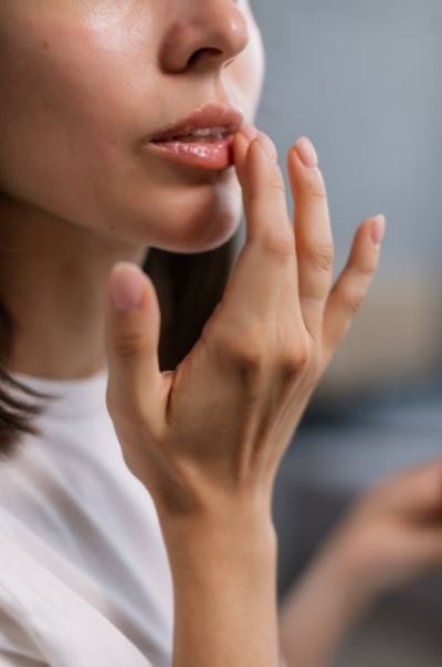 a woman touching her lower lip