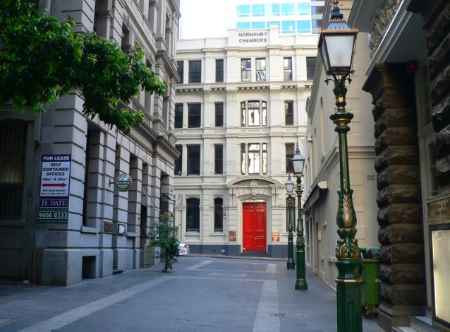 Bank Place, one of Melbourne’s laneways looking north toward Little Collins Street and Normanby Chambers