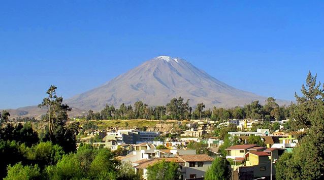 a partial view of Arequipa the “White City,” with Misti volcano in the left