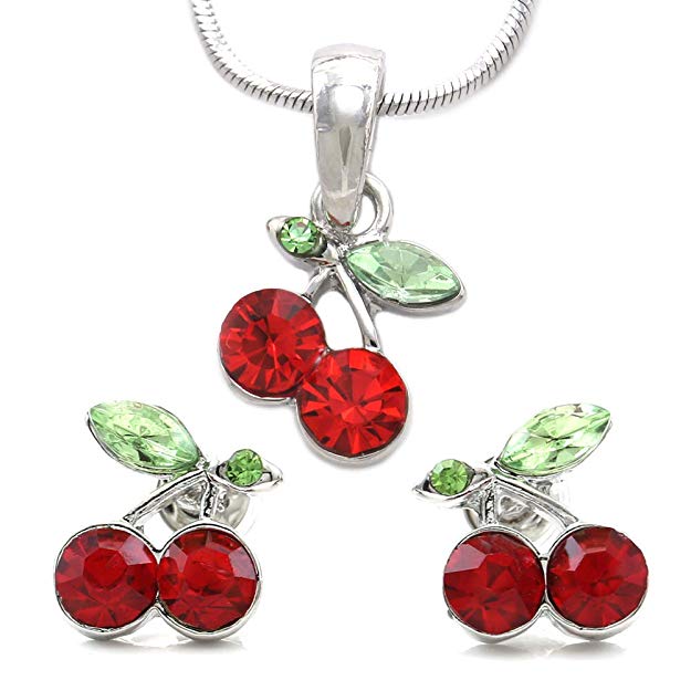 SoulBreeze-Green-Leaf-Red-Fruit-Cherry-Stud-Post-Earrings-Charm-Set