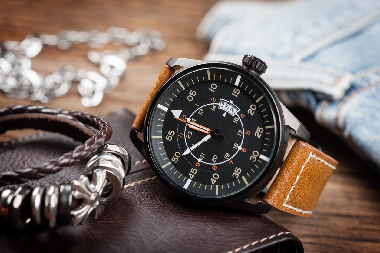 military style watch with brown leather strap