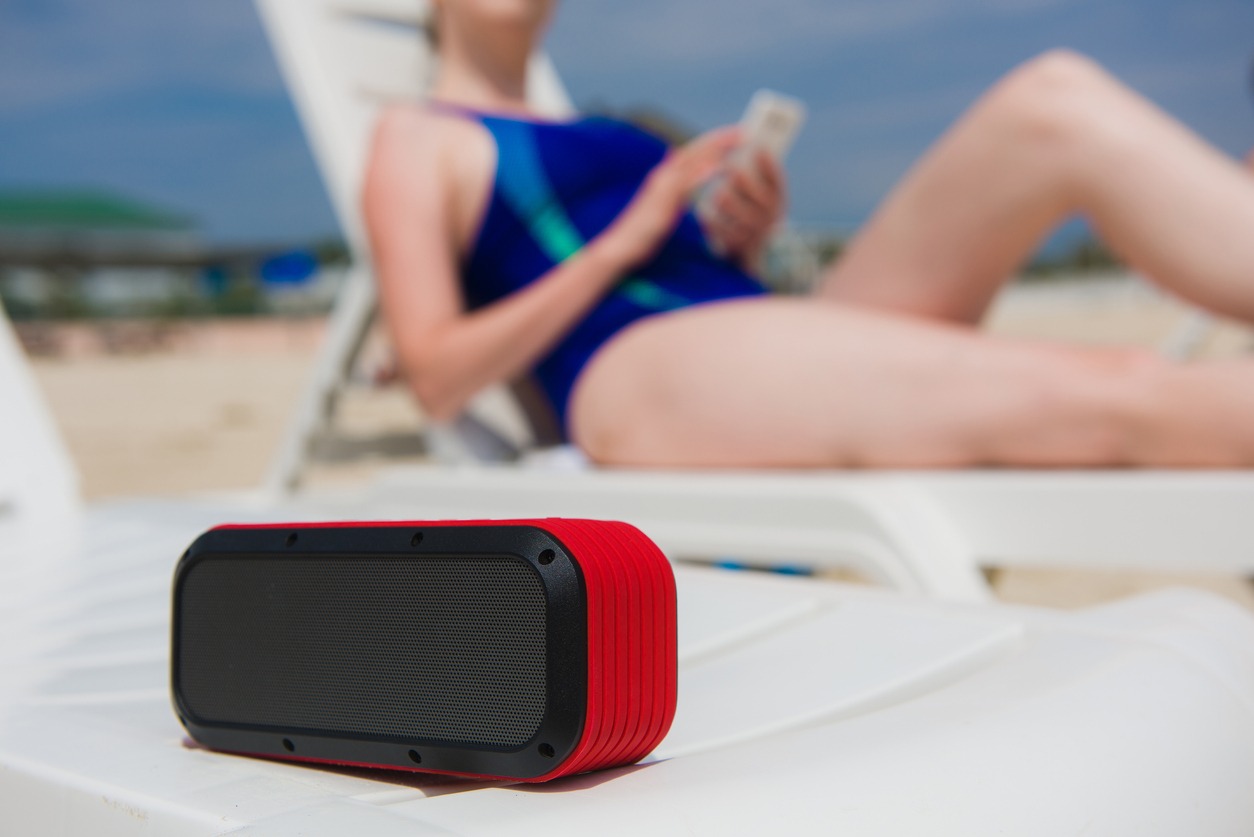 A portable speaker and a female holding a cellphone.