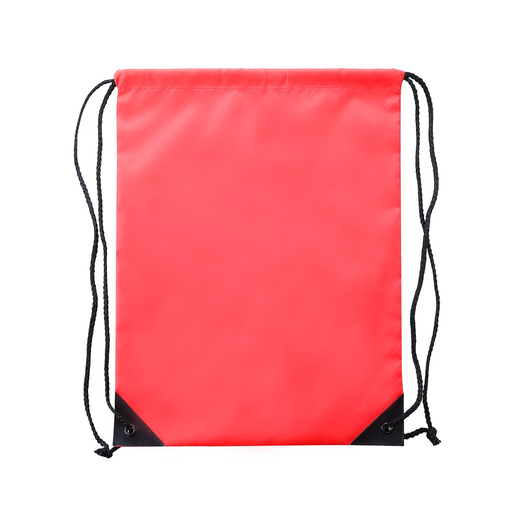 Drawstring backpack in pink and black against a white background