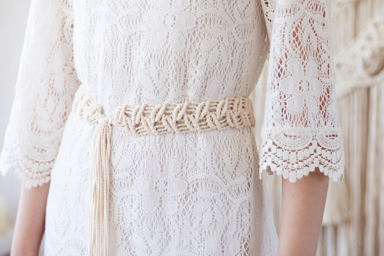 Handmade macramé dress belt  worn on a white dress