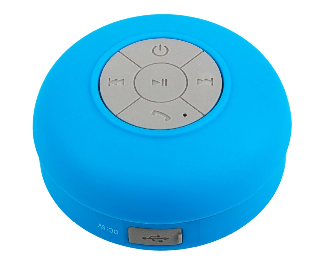 Miniature Blue Waterproof Bluetooth Wireless Loudspeaker with Phone Control Knobs on a White Background.