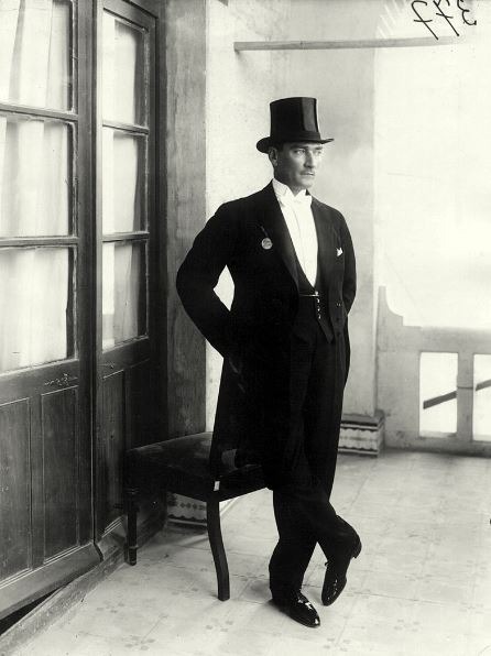 Mustafa Kemal Atatürk wearing a top hat and white tie