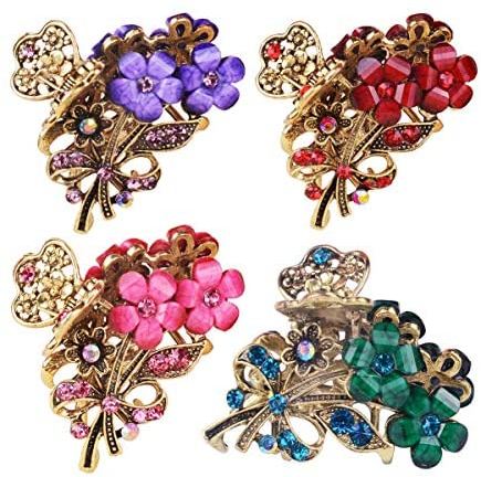 Numblartd Vintage Flowers Hair Claw Jaw Clips Pins with Rhinestone 