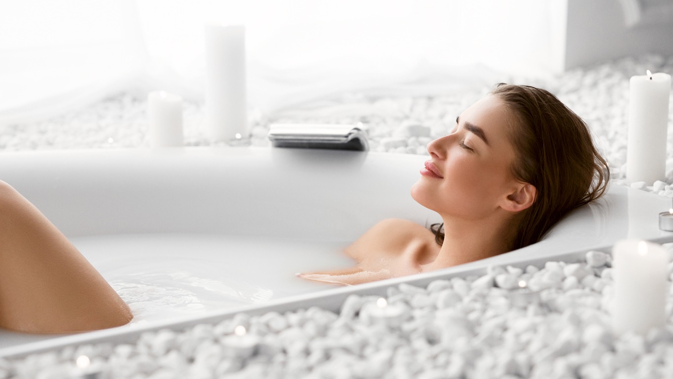 Wellness and relaxation concept, woman resting in bath after work day