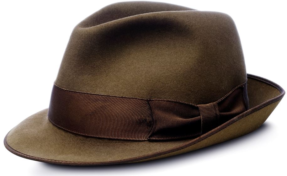a brown Homburg hat