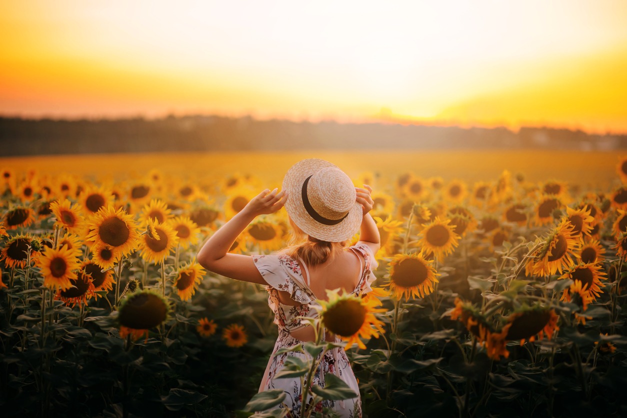 a girl in a light beige summer dress and straw boater hat enjoying the view of the sunflower field