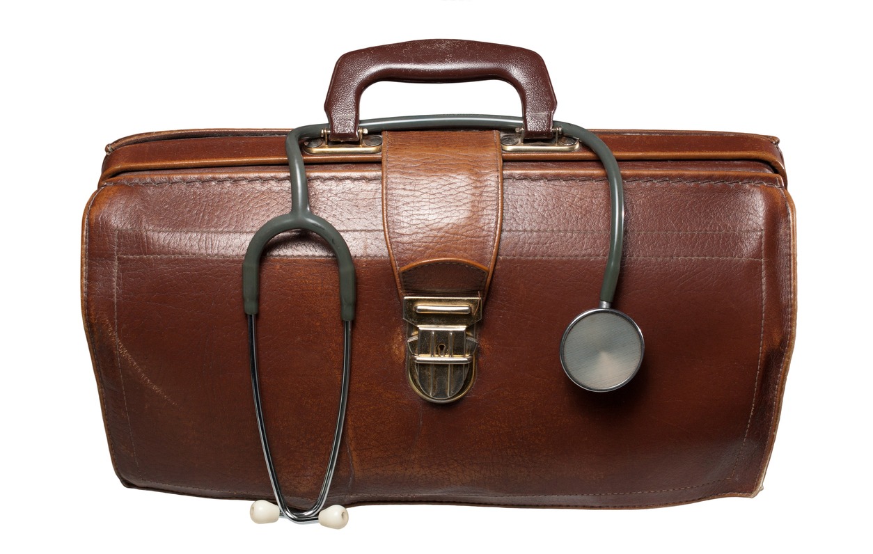 A doctor’s brown bag with a stethoscope