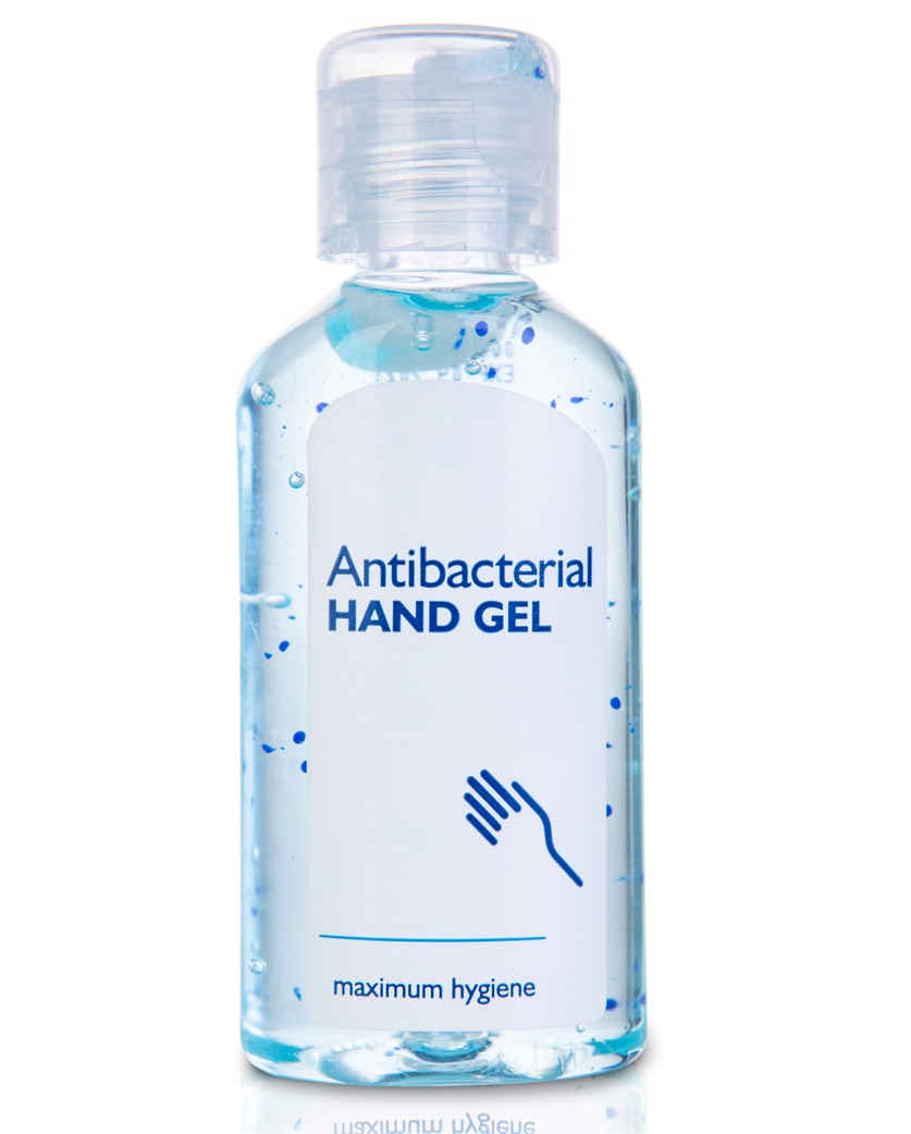 Bottle of clear gel hand sanitizer with instant antibacterial properties set on a white background