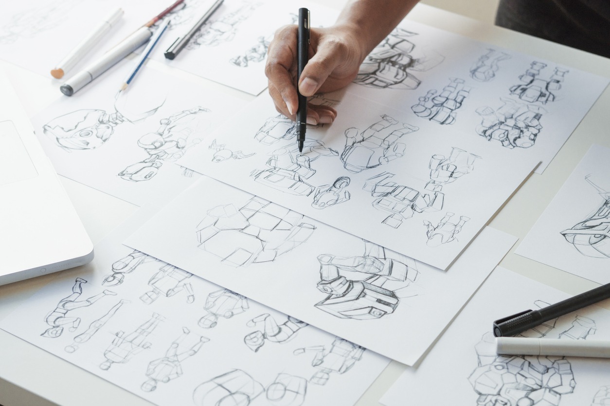 Animator designer Development designing drawing sketching development creating graphic pose characters sci-fi robot Cartoon illustration animation video game film production, animation design studio