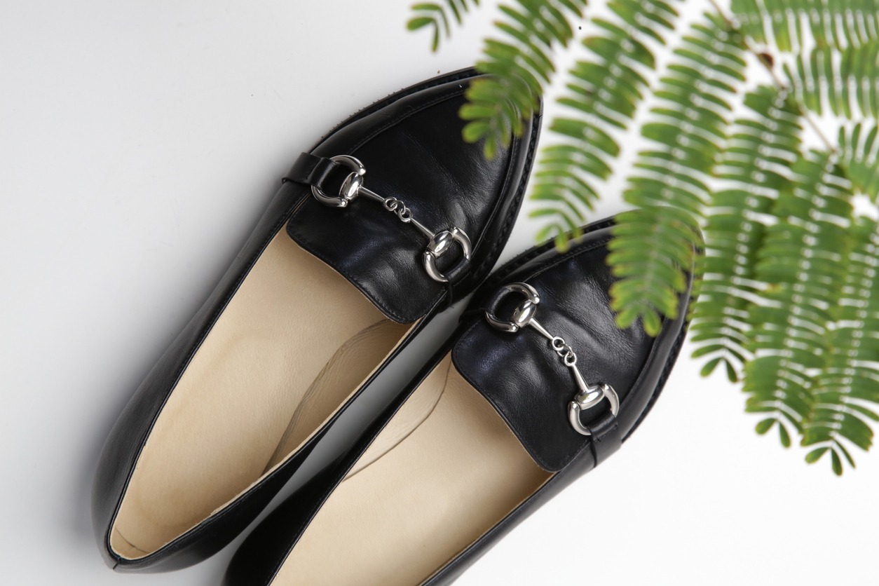 Black leather handmade loafers, studio shot
