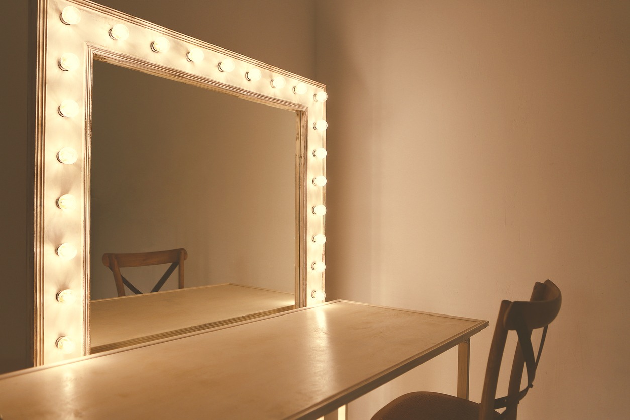 Mirror with bulbs for make up in the make up room. Retro toned