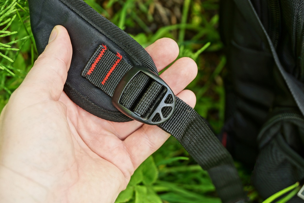 A black strap made of fabric with a plastic carabiner