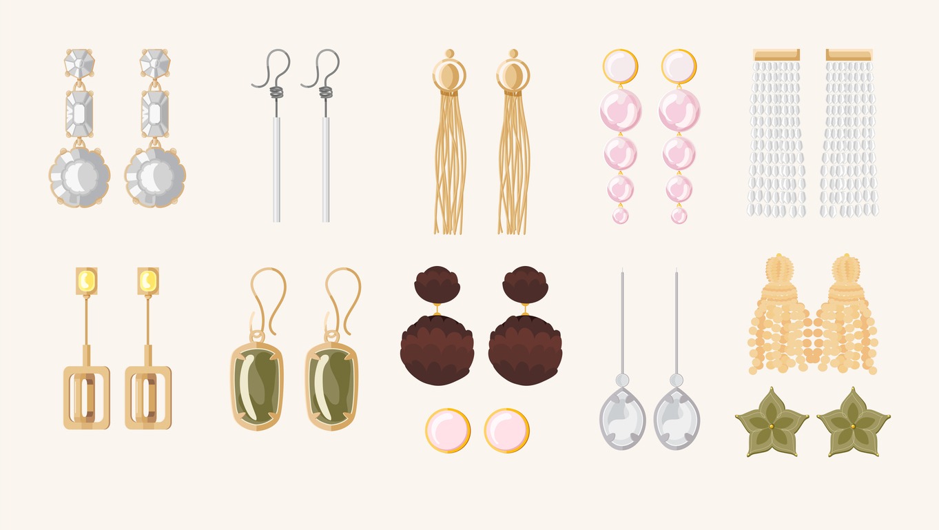 Earrings jewelry accessories vector icons set on beige background. Gold, silver and diamond pearl gemstones pendant vector illustration. Flat vector style illustration