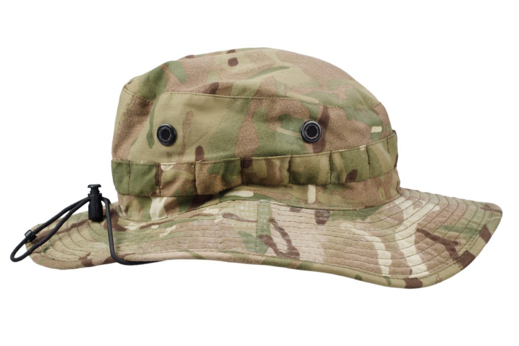 woodland pattern camo boonie hat isolated on white background