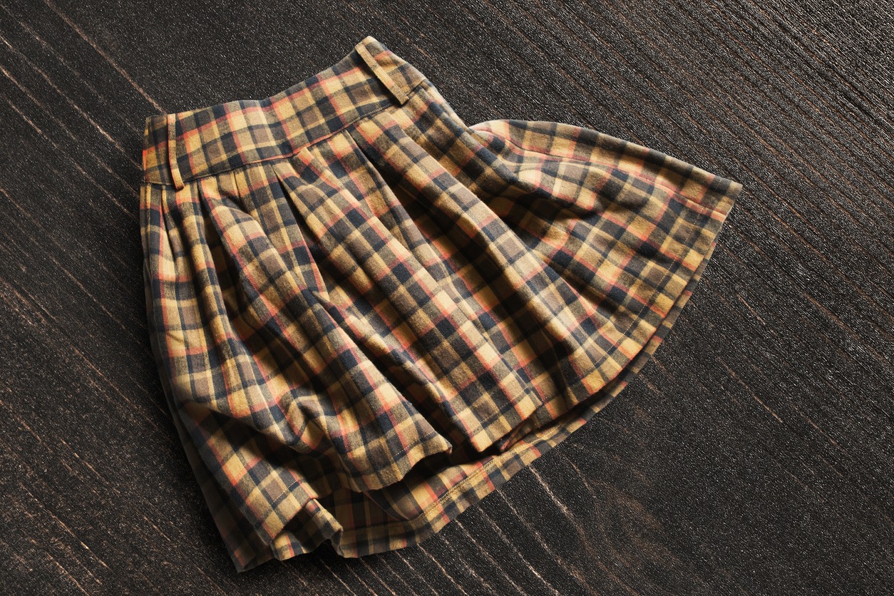 a checkered, box pleated mini skirt