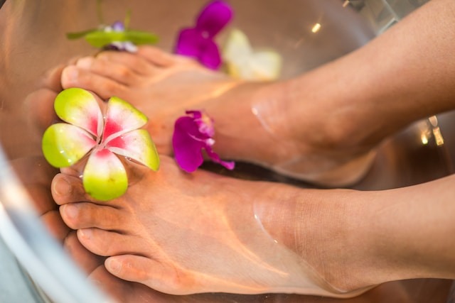 foot soak with flower petals